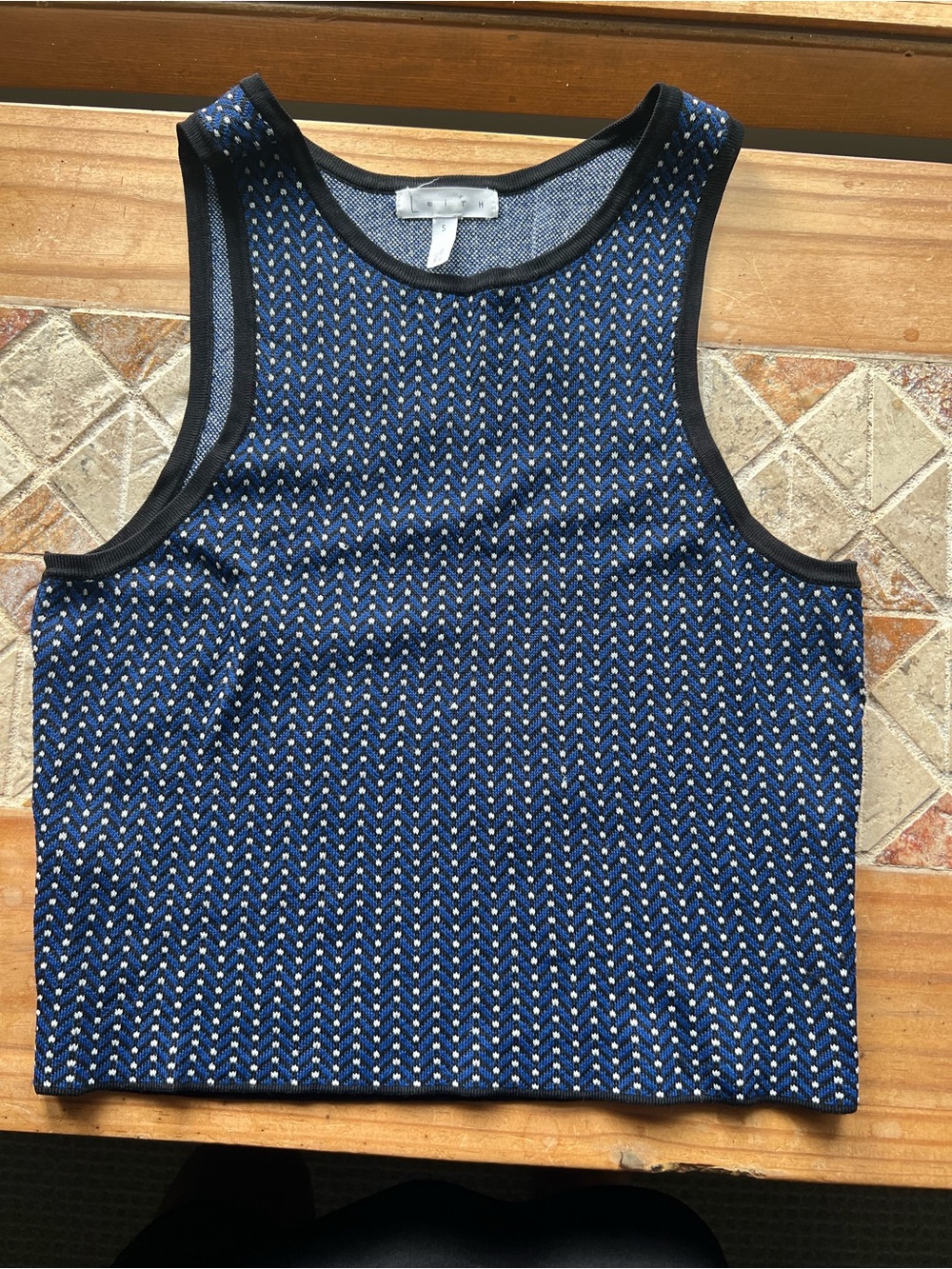 Leith Women’s S Blue Geometric Knit Scoop Neck Sleeveless Sweater Vest # 416